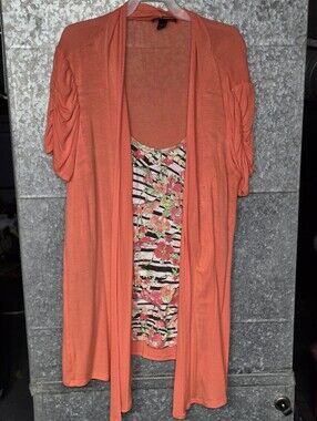 AGB Orange Knit Floral 2 in 1 Cardigan Blouse Womens Medium